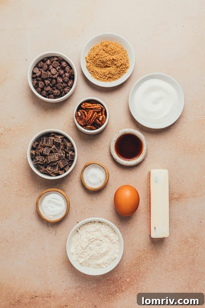 The ingredients needed to make brown butter chocolate chip skillet cookie.