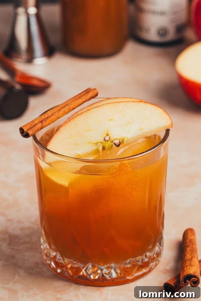 A beautifully presented Apple Cider Old Fashioned cocktail, garnished with an apple slice and a cinnamon stick, ready to be enjoyed.
