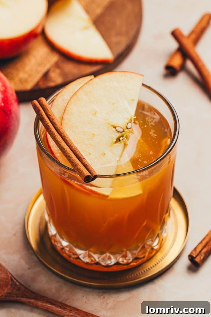 Close-up of an Apple Cider Old Fashioned, showcasing the rich amber liquid and elegant garnishes of apple and cinnamon.
