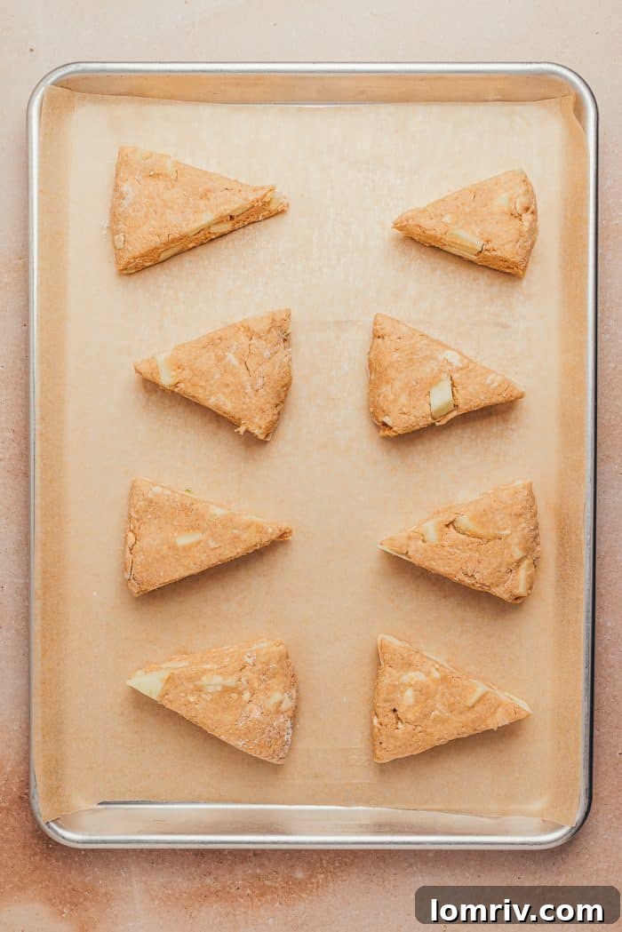 A baking tray with unbaked cinnamon apple scones. 