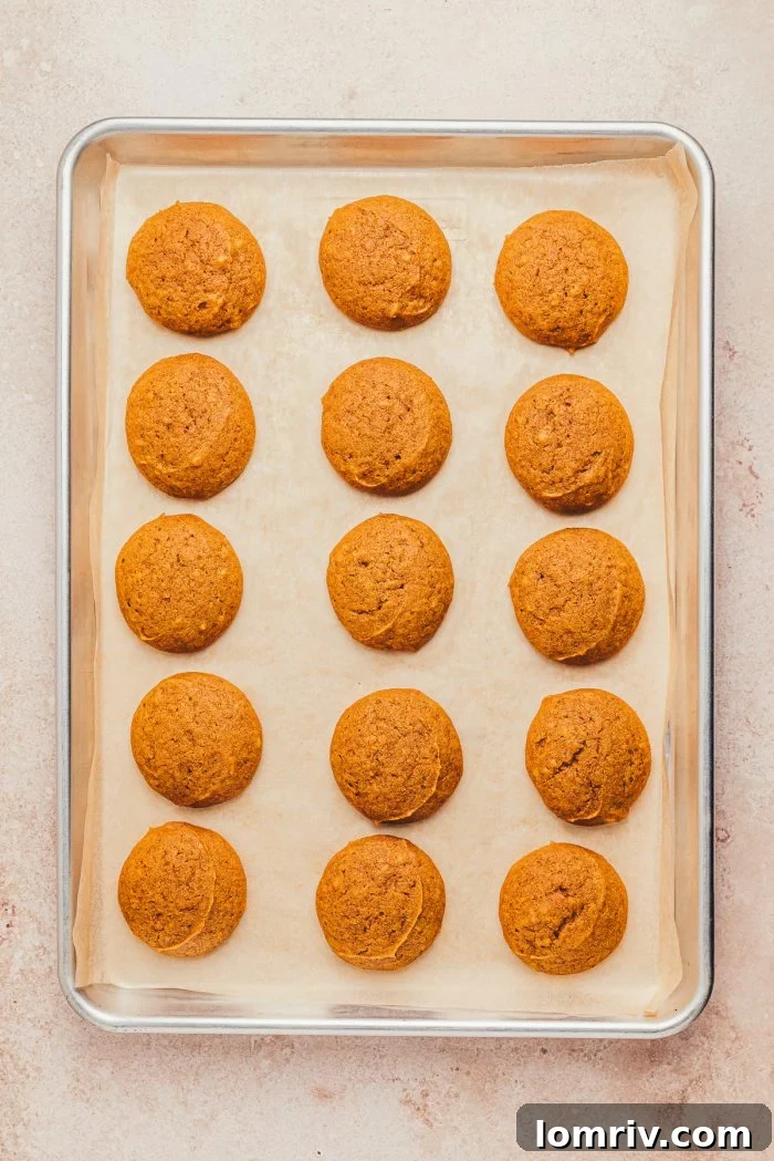A baking sheet featuring freshly baked whoopie pies, their golden-brown tops contrasting with the parchment paper.