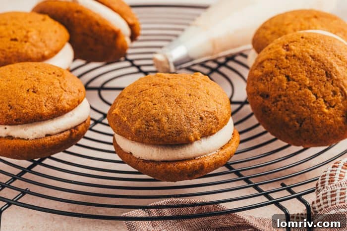A beautiful arrangement of pumpkin whoopie pies on a round wire cooling rack, highlighting their perfectly baked texture.