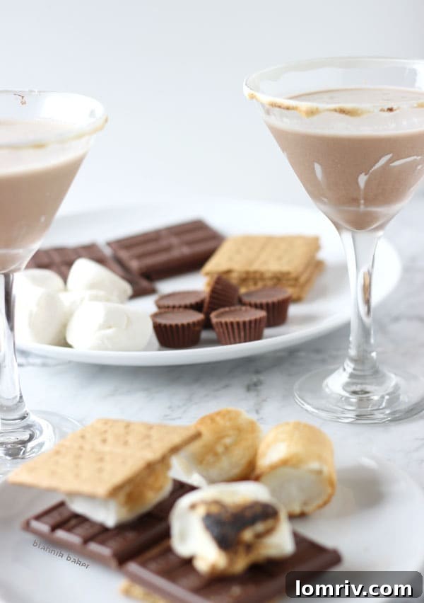 Close-up of S'mores Martini with chocolate drizzle