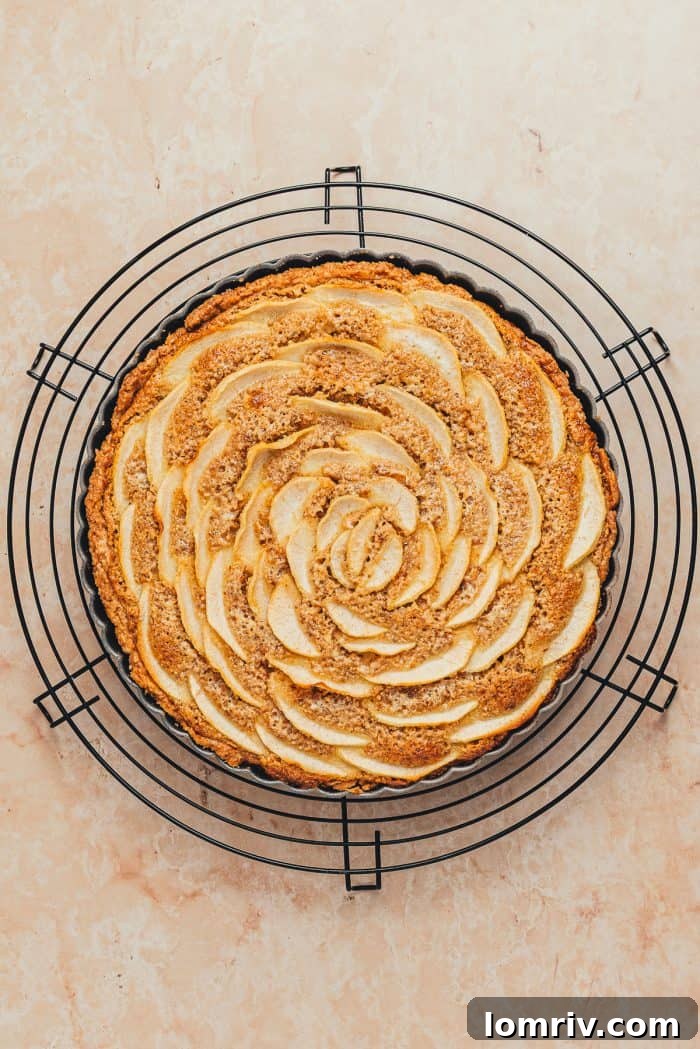 A freshly baked hazelnut Frangipane Pear Tart, golden brown and puffed, cooling on a wire rack, steam gently rising.