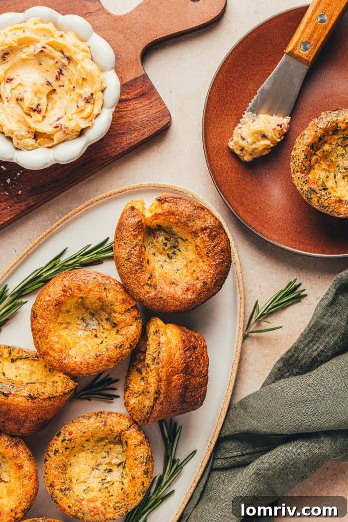 A few herb popovers on a platter with a bowl of butter in the background.