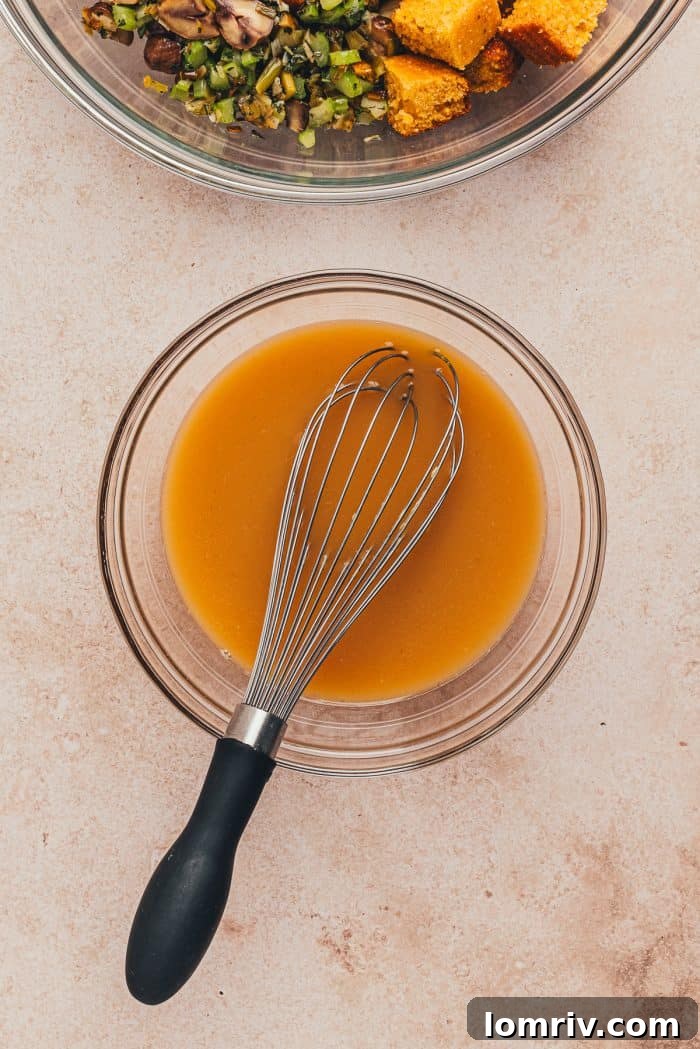 A glass bowl with broth mixed with eggs and a whisk.
