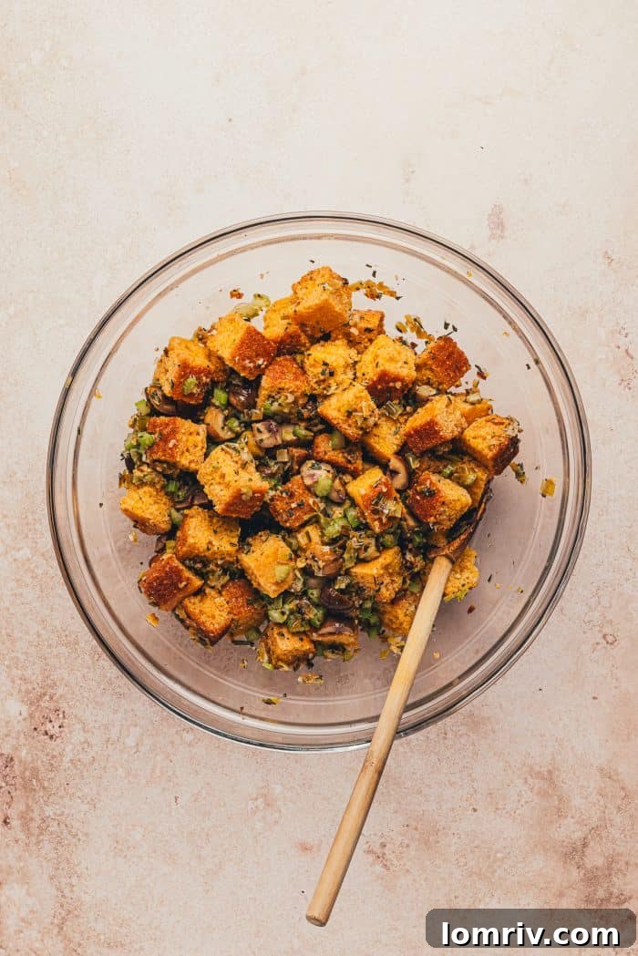 A glass bowl with the cornbread stuffing.