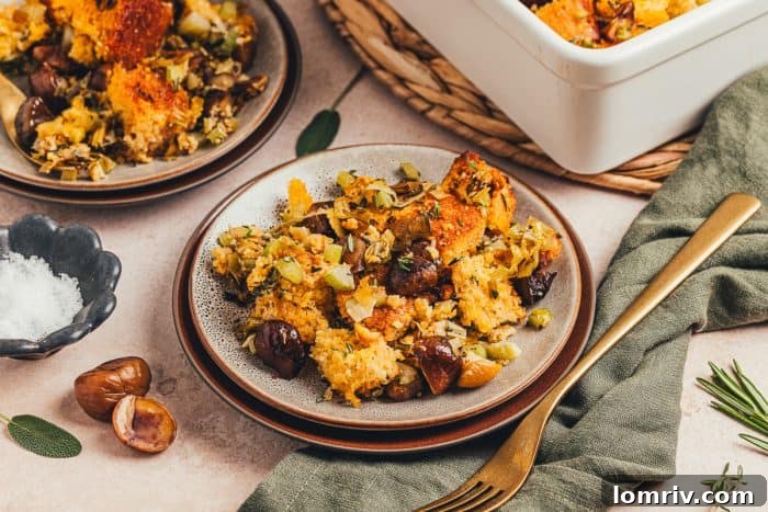 A small plate with a serving of stuffing made with cornbread.