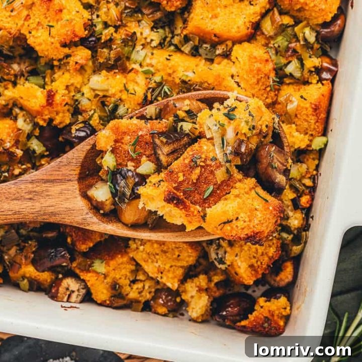 A spoonful of stuffing being lifted out of the baking dish.