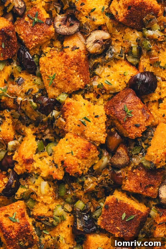 An up close image of cornbread stuffing.