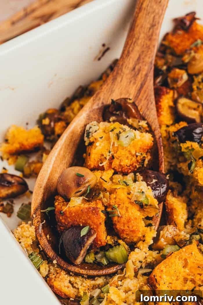 A spoonful of stuffing being lifted out of the baking dish.