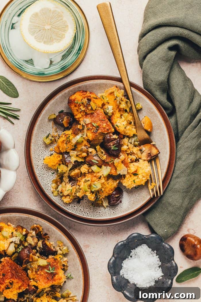 A small plate with a serving of stuffing made with cornbread.