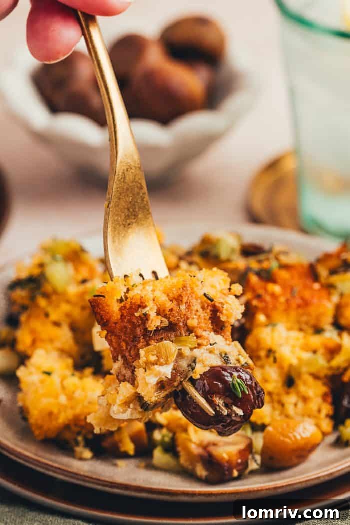 A fork being placed into a small plate of cornbread stuffing.
