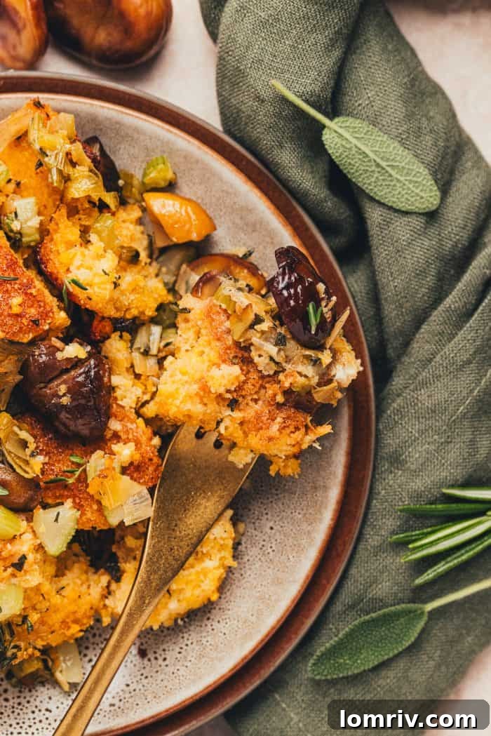 A fork being placed into a small plate of cornbread stuffing.