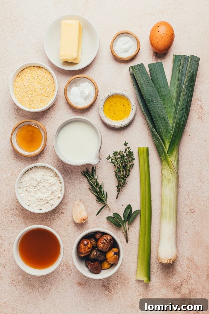 Various bowls of ingredients to make corn bread stuffing with leeks.