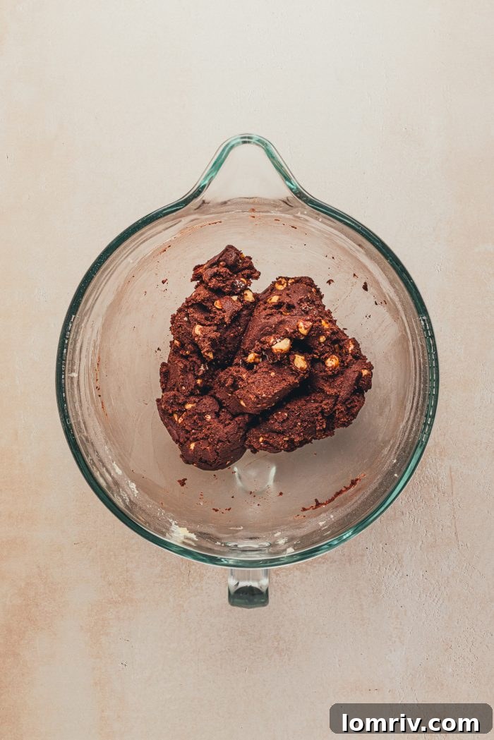 Raw chocolate hazelnut espresso shortbread cookie dough, thick and well-mixed.
