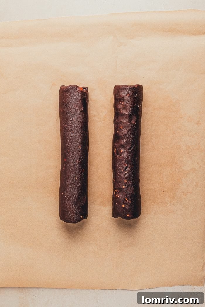 Two unbaked chocolate slice and bake cookie logs, ready for chilling.