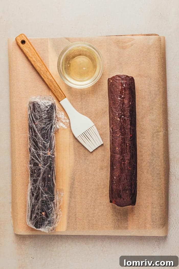 One log of cookie dough wrapped in plastic, and another unwrapped, ready to be coated with hazelnuts.