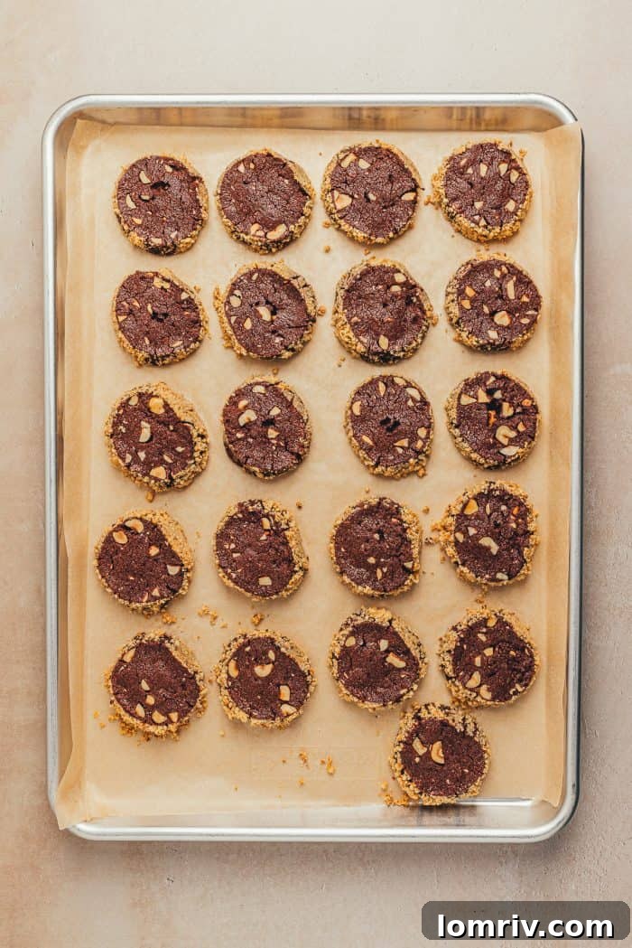 Freshly baked chocolate shortbread cookies cooling on a parchment-lined baking sheet.