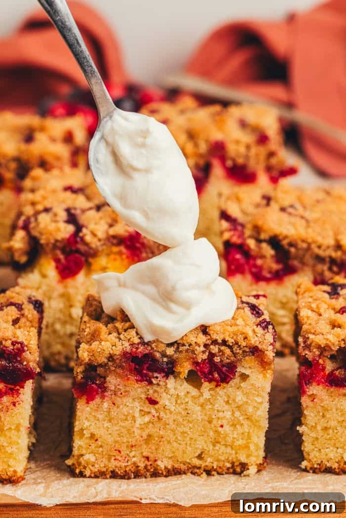 An array of sliced cranberry crumb cake, with one slice receiving a generous dollop of freshly whipped maple creme fraiche, ready for serving.