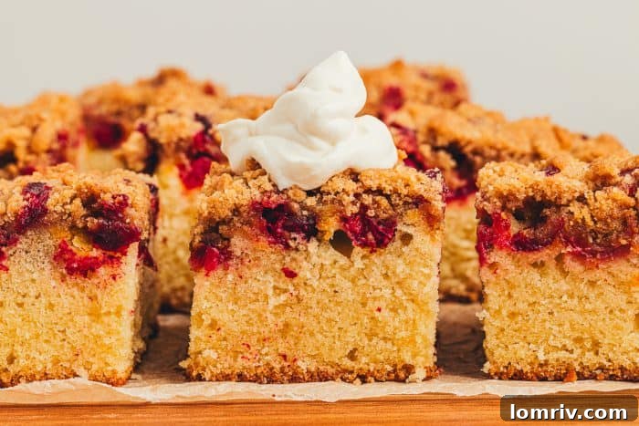 Multiple slices of cranberry crumb cake on a platter, one with a delicate dollop of whipped cream, showcasing its inviting texture.
