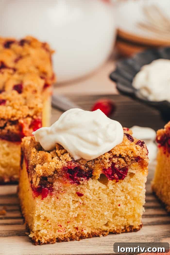 A single, generous slice of cranberry crumb cake with a thick, golden crumb topping, presented on a rustic wooden cutting board.