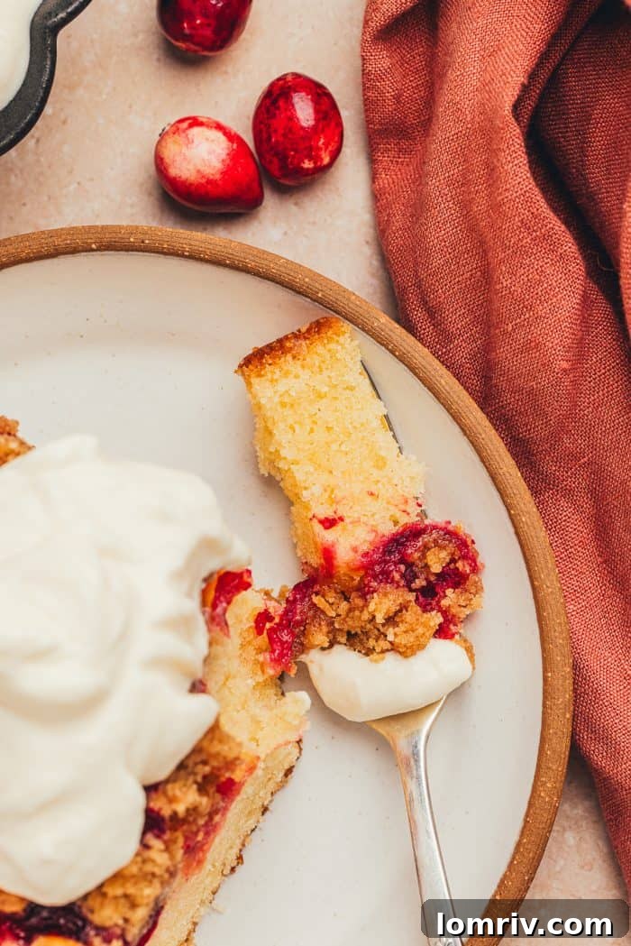 A delectable slice of cranberry crumb cake on a small plate, with a fork showcasing a bite taken, revealing the rich layers and textures.