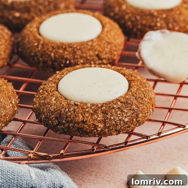 A variety of gingerbread thumbprint cookies on a cooling rack.
