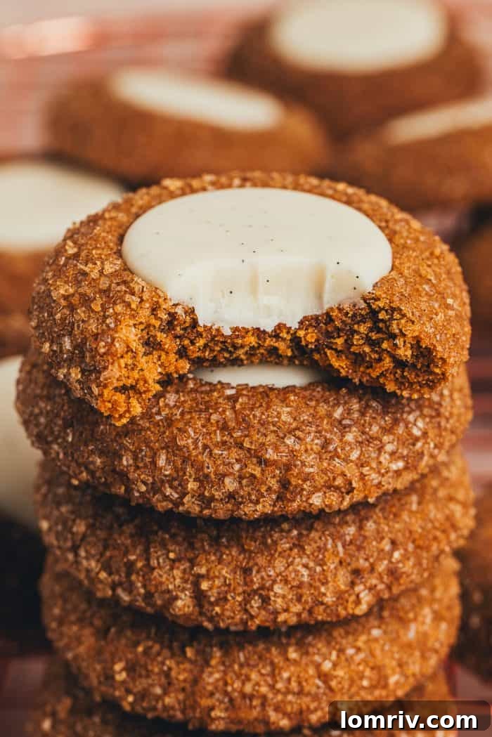 A stack of gingerbread thumbprint cookies with a bite taken out of one.