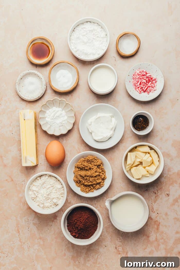 Various bowls meticulously filled with all the essential ingredients for making chocolate peppermint whoopie pies, arranged for baking.