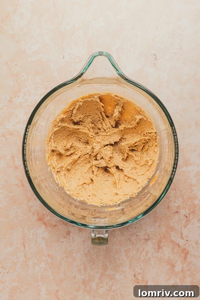 The mixing bowl now contains the creamy butter and brown sugar mixture, with the addition of egg and vanilla, blended perfectly.