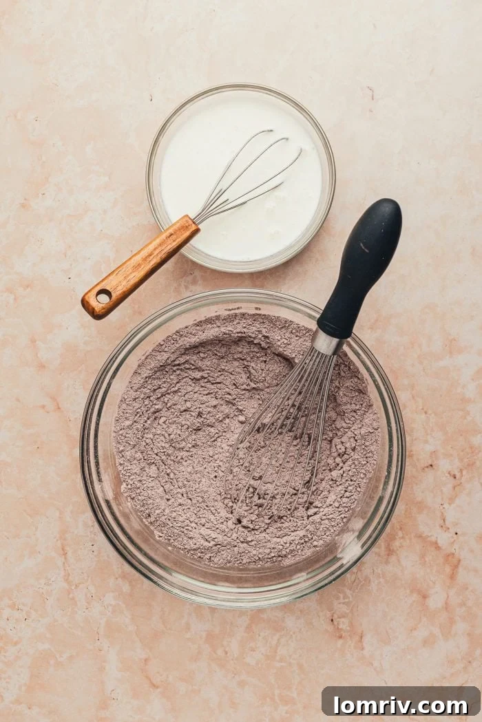 A medium bowl filled with the whisked dry ingredients: flour, Dutch-process cocoa, salt, baking soda, and baking powder.