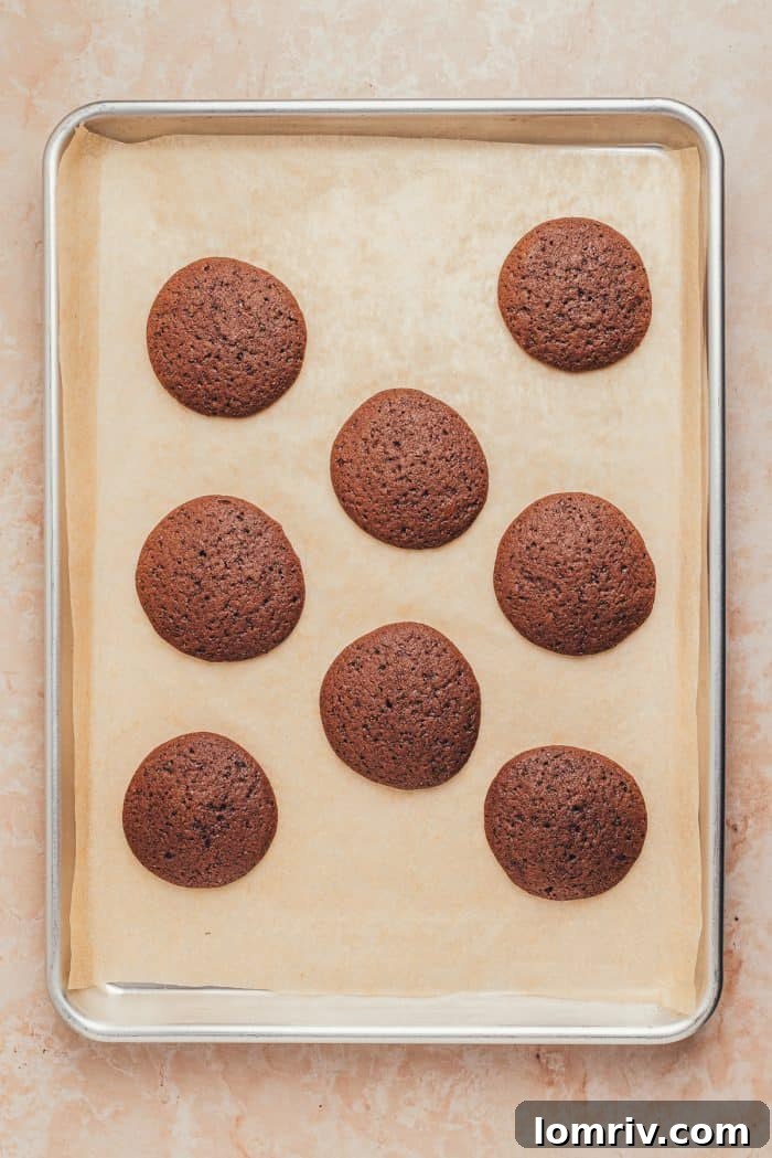 Freshly baked chocolate whoopie pie halves resting on a baking sheet with parchment paper, perfectly puffed and ready to cool.
