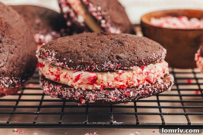 A single, inviting chocolate peppermint whoopie pie resting on a cooling rack, perfectly showcasing its holiday appeal.
