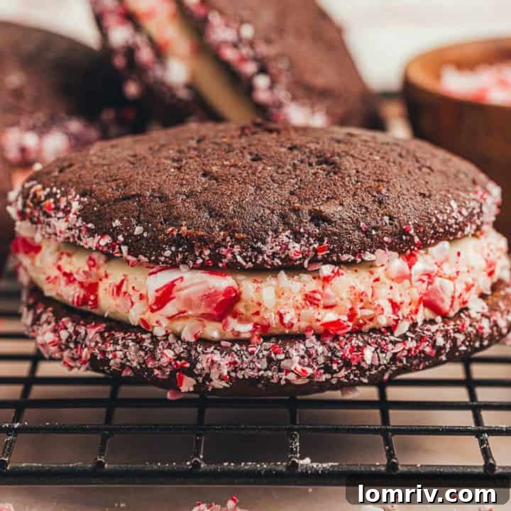 A chocolate peppermint Whoopie Pie on a cooling rack.