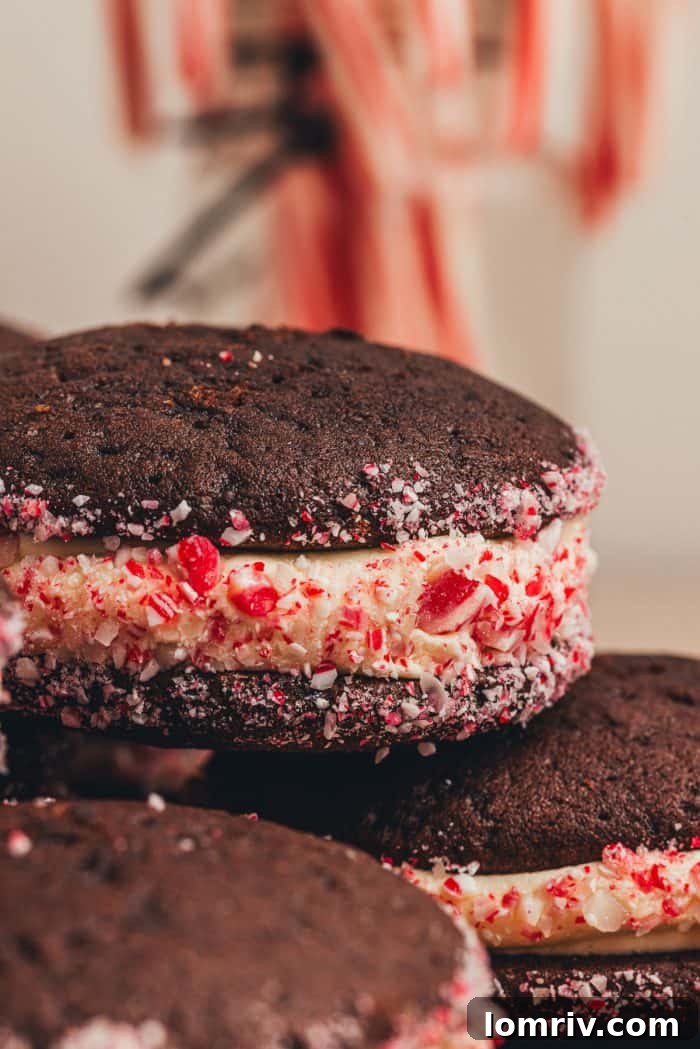 Close-up of three delicious chocolate peppermint whoopie pies, ready to be enjoyed.
