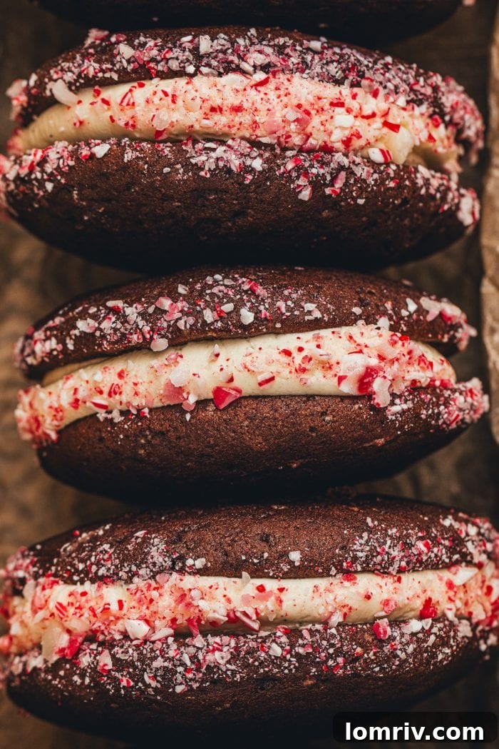 A trio of beautifully presented chocolate peppermint whoopie pies on a textured surface.