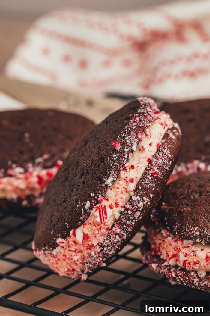 Three perfectly formed chocolate peppermint whoopie pies featuring their signature crushed candy cane edges.