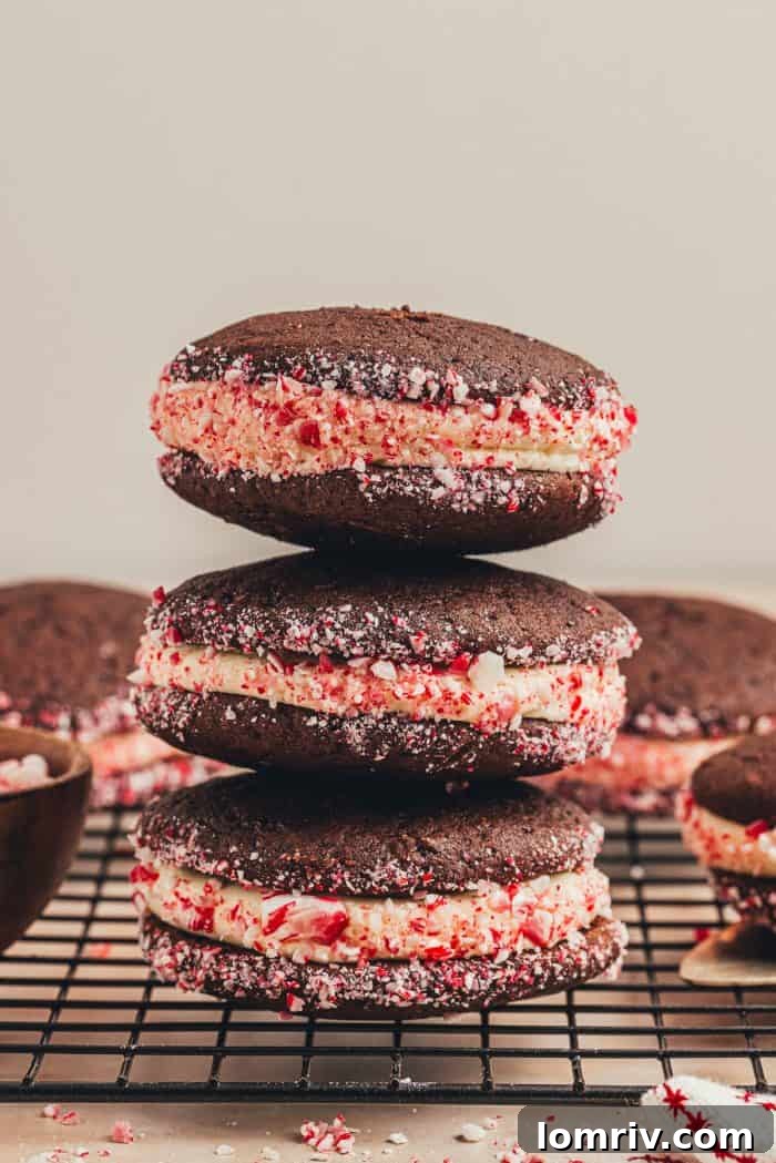 A visually appealing arrangement of three chocolate peppermint whoopie pies, highlighting their texture and garnish.