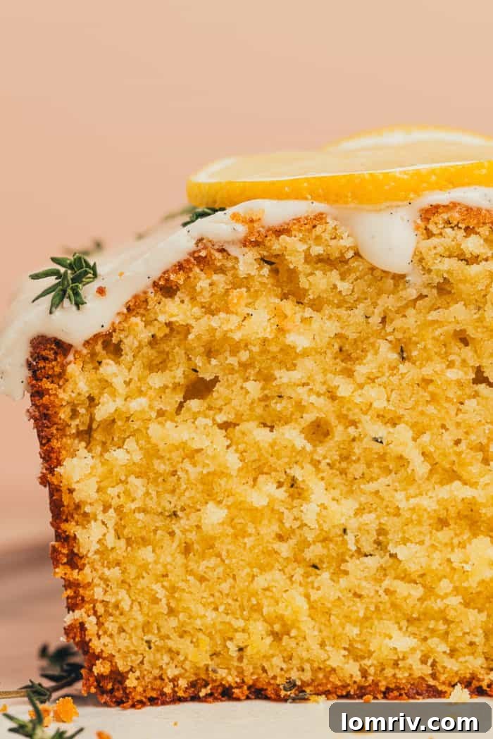 An inviting closeup of a slice of lemon thyme loaf cake, showcasing its tender, moist interior, the creamy vanilla bean glaze, and delicate thyme flecks.
