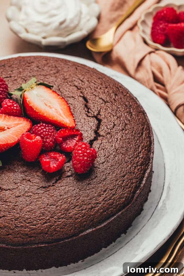 Deliciously moist chocolate ricotta cake adorned with fresh berries and a light dusting of powdered sugar, presented beautifully on a serving platter.