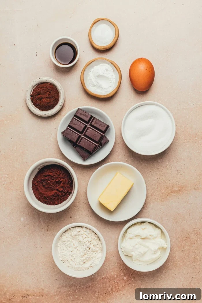 All the necessary ingredients for baking a rich chocolate ricotta cake, neatly arranged in separate bowls on a kitchen counter.