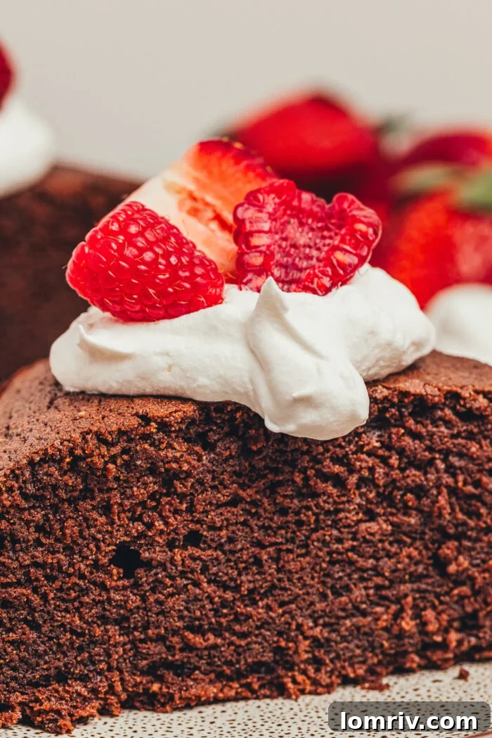 An irresistible slice of our simple yet decadent chocolate ricotta cake, beautifully presented on a plate with creamy whipped topping and vibrant fresh berries.