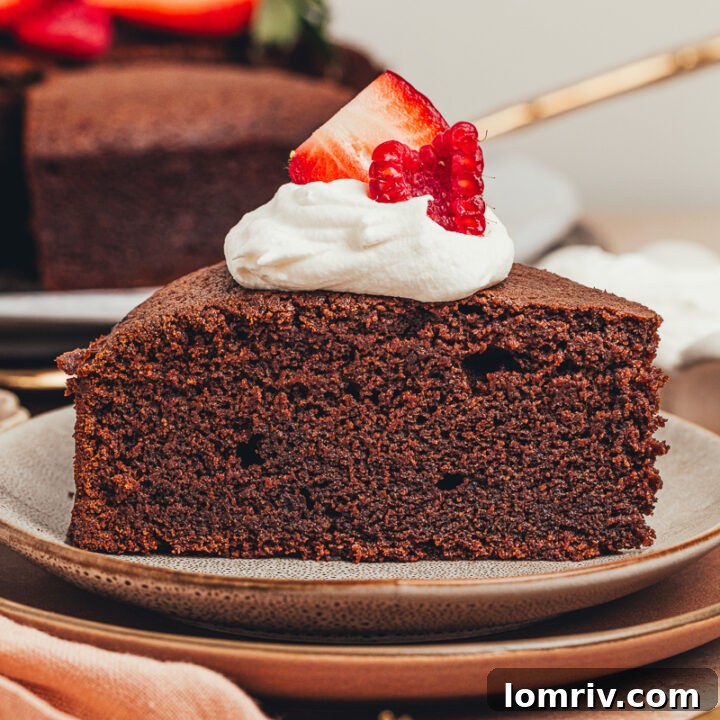 A slice of chocolate ricotta cake with whipped cream and berries on a plate.