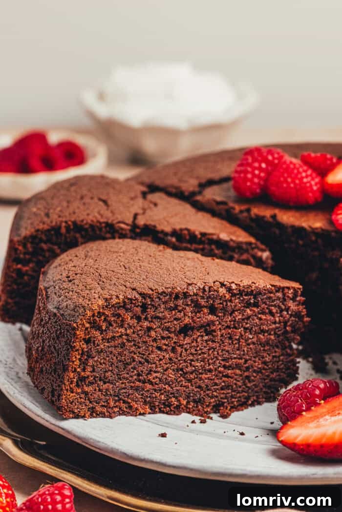 A perfectly portioned slice of moist chocolate ricotta cake is gently lifted from a serving platter, showcasing its rich texture and inviting crumb.
