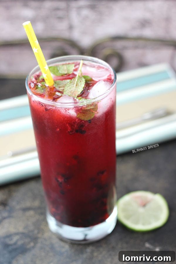 Close-up of Blackberry Lime Mojito garnished with mint