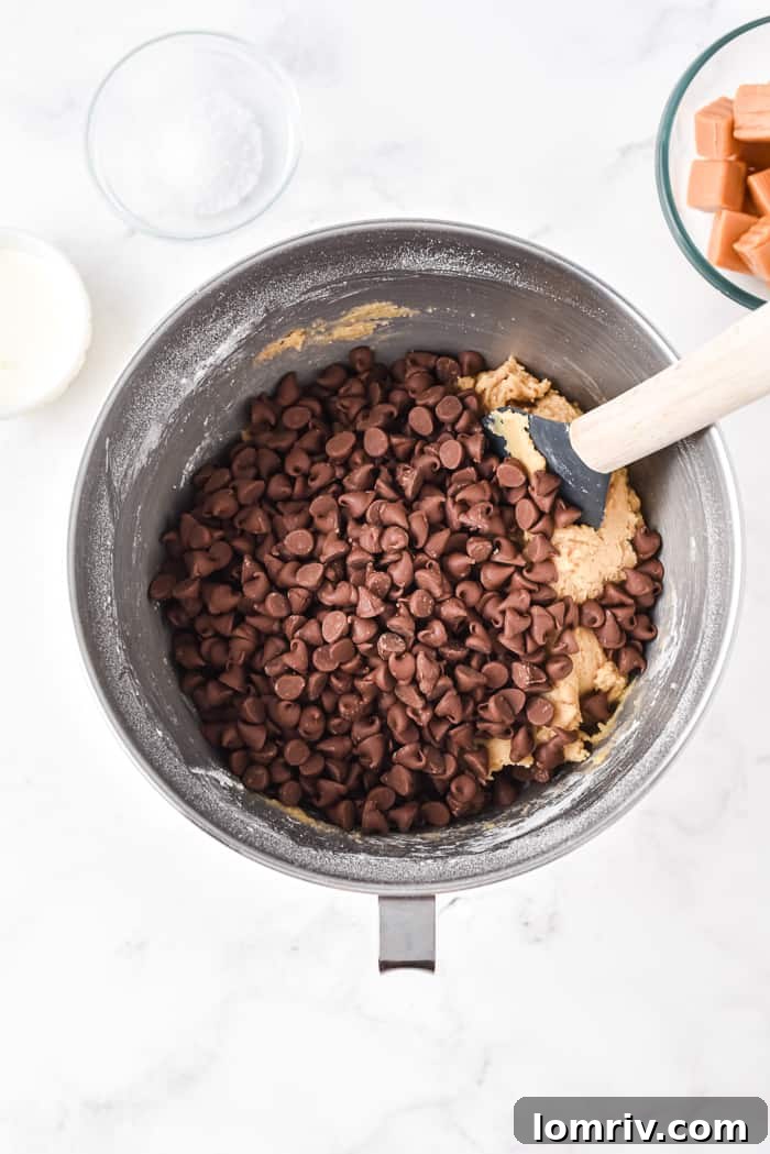 Folding chocolate chips into cookie dough