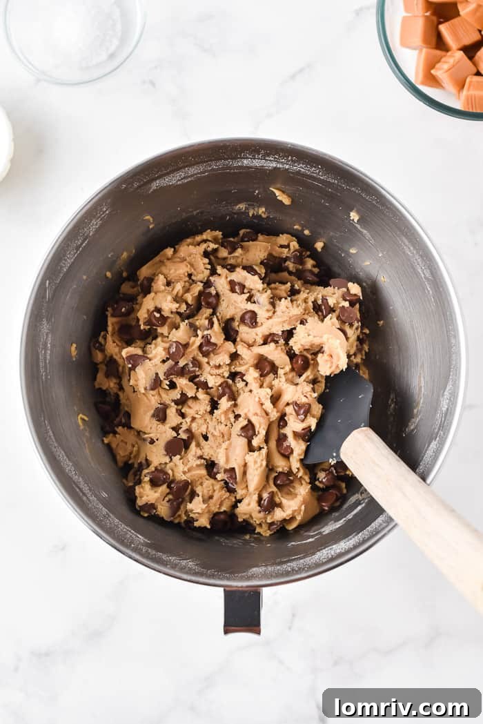 Chocolate chip cookie dough ready for baking