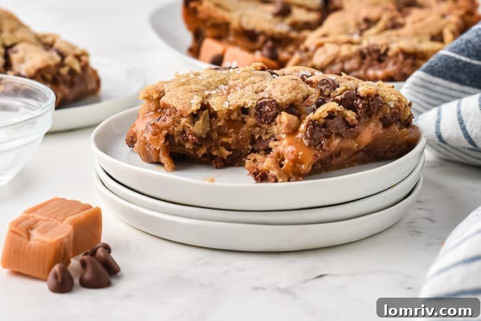 Salted Caramel Chocolate Chip Cookie Bars with Caramel Drizzle