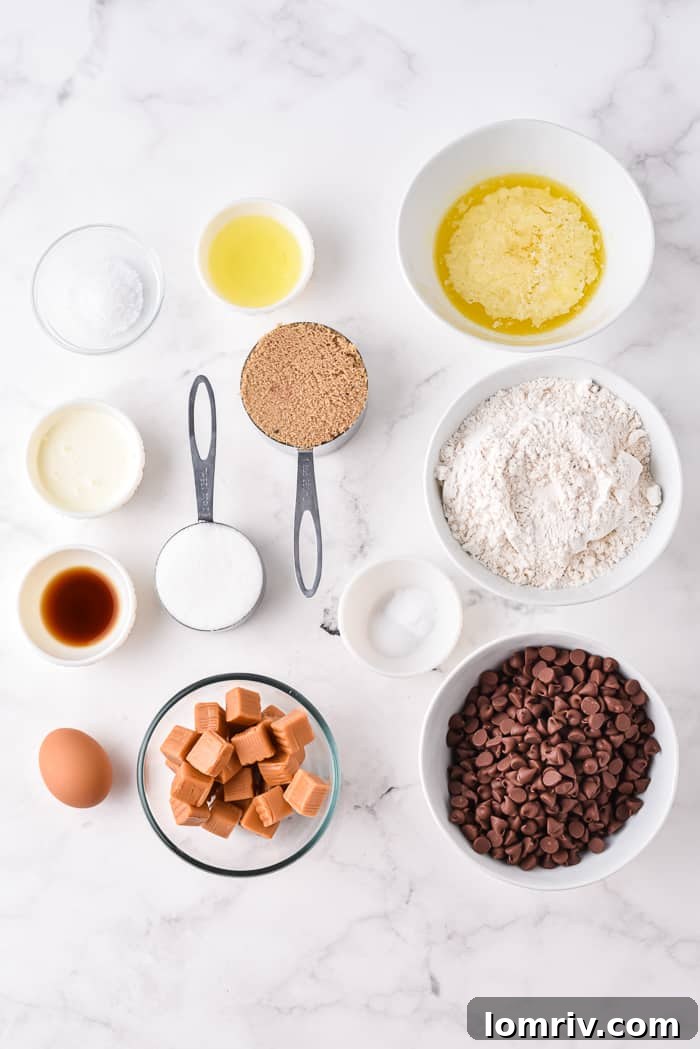 Ingredients for Salted Caramel Chocolate Chip Cookie Bars